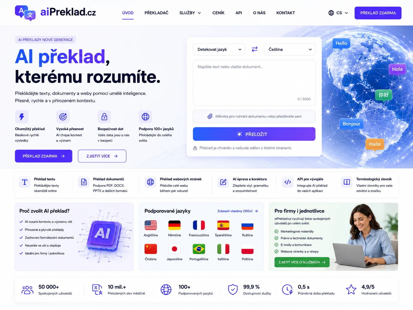 Vizuální návrh možného projektu aiPreklad.cz zaměřeného na AI překlad a vícejazyčnou komunikaci