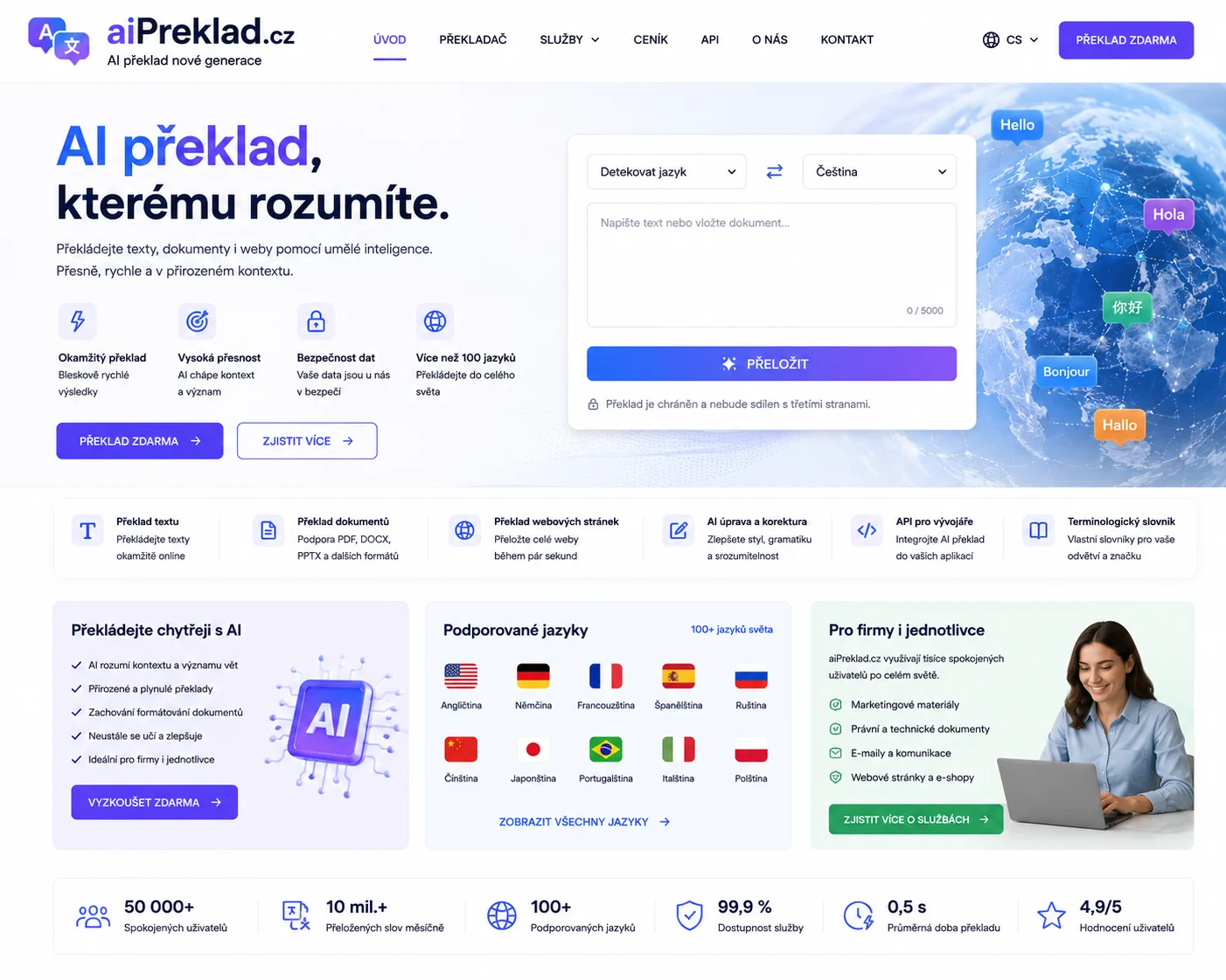 Vizuální návrh možného projektu aiPreklad.cz zaměřeného na AI překlad a vícejazyčnou komunikaci